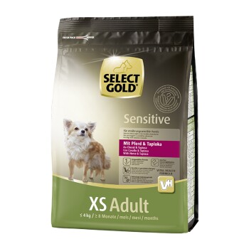 Hundefuttertasche mit der Bezeichnung "SELECT GOLD Sensitive" mit einem kleinen Hund auf der Vorderseite, mit Text, der angibt, dass es für empfindliche Hunde geeignet ist, mit Pferd und Tapioka.