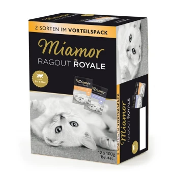 Miamor Ragout Royale Katzenfutterbox für Kätzchen, mit einem verspielten Kätzchen auf der Vorderseite und den Angaben "2 Sorten im Vorteilspack" und "12 x 100g Beutel."