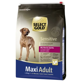 Ein Beutel Select Gold Sensitive Hundefutter mit einer braunen Hundesilhouette, beschriftet mit "Mit Pferd & Tapioka" und "Maxi Adult" für Hunde über 25 kg, geeignet für empfindliche Mägen.