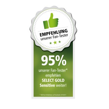 Grünes Werbebadge mit der Aufschrift "Empfehlung unserer Fan-Tester" mit einem Daumen-hoch-Icon, das hervorhebt "95% unserer Fan-Tester empfehlen SELECT GOLD Sensitive weiter!"
